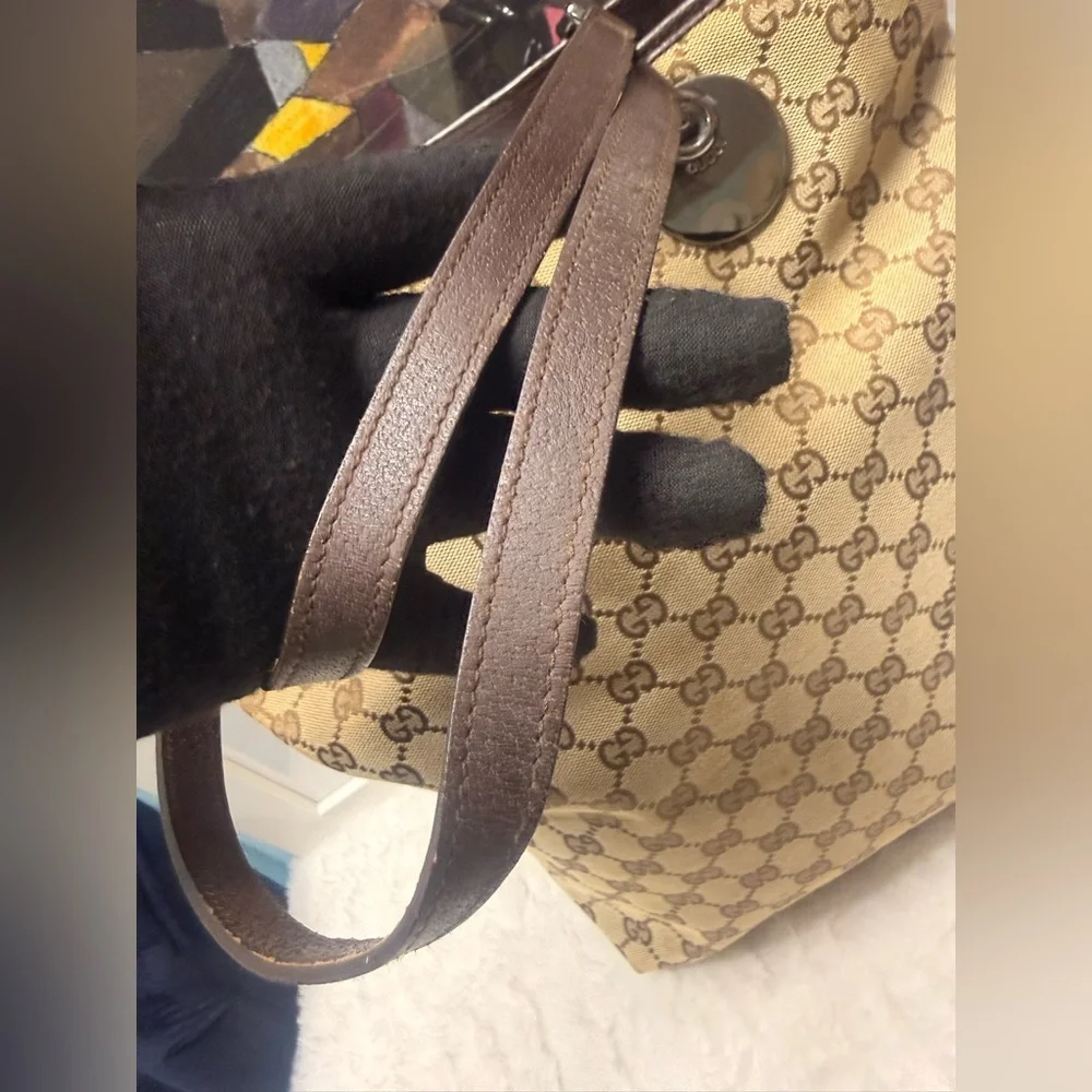 GUCCI-120836 002058 Beige Monogram Canvas Tote with Brown Leather Handle - Picture 8 of 14
